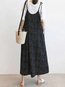 Casual  Bohemio    Ninguno    Diario  Vacación Mono falda de pierna ancha para mujer, nuevo modelo con tirantes y pantalones de nueve décimas con estampado de lunares, casual y holgado - Negro - Ver 3