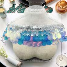 1 Yarda/2 Yardas Tela de encaje de malla con lentejuelas iridiscentes de 4.3 pulgadas de ancho en color azul cielo, tela de encaje de malla con lentejuelas iridiscentes, tela de encaje de malla con lentejuelas para coser, decoración, decoración del hogar, decoración de disfraces de baile