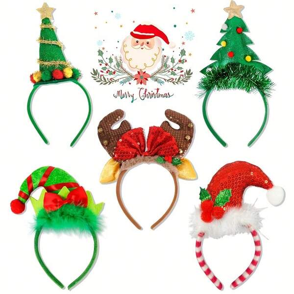 5pcs Classic Christmas Headbands - Holiday Party Accessories With Santa Claus, Reindeer, Christmas Tree Designs - Durable Plastic Structure, Non-Electric, Feather-Free Seasonal Headwear