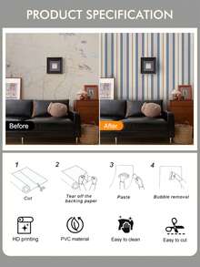 SUPSTICKER 1pc Multicolor Vintage Striped Self-Adhesive Wallpaper, Waterproof Removable PVC Wall Decor, Suitable For Bedroom, Kids Room, Study, 3 Sizes - Multicolor - View 10