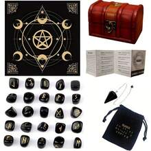 25 st snidade nordiska runstenar, asymmetriskt formade runtillbehörsset inklusive kvartsagatrunor, vintage trälåda, bordsduk, för spådom, dekoration, heminredning, jul, halloween, thanksgiving och andra högtidsgåvor - smyckestillverkning