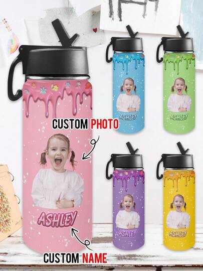 1pc Personalized Water Bottles With Straw Lid, Custom Cute Insulated Stainless Bottles Cup With Name For School, Back To School Gifts For Daughter, Custom Birthday Christmas Gifts, 18oz, Back To School Gifts For Student, Leak Proof Bottle
