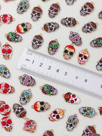 5pcs Mixed Color Skull Print DIY Jewelry Pendant, Skull Charm For Necklace, Earrings, Keychain