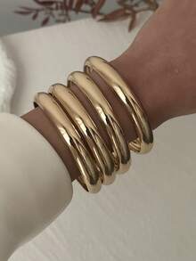 17KM Bộ 4 vòng tay kim loại phong cách Punk dành cho nữ - Thiết kế hình học và tròn, Phụ kiện phù hợp cho cả ngày và tiệc tùng, Bộ vòng tay dự tiệc | Phong cách Punk | Vòng tay tối giản thời trang, Trang sức lấp lánh - Vàng - Xem 12