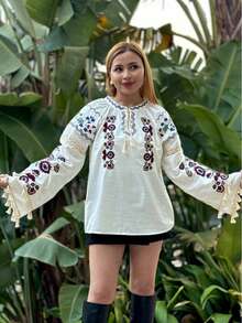 女士刺绣亚麻花卉印花休闲优雅流苏刺绣衬衫，适合度假 - 白色 - 查看 3