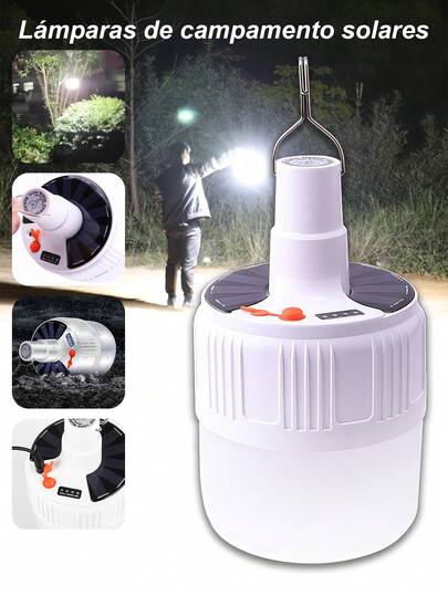 1 pieza Luces de camping,Luz LED Solar,Lámpara Camping Foco Solar Larga Duración Exterior Interior Bombilla,gancho para acampar,bombilla de emergencia, lámpara colgante para tienda y de trabajo, bombilla LED recargable por USB, luces portátiles para exteriores, accesorios de camping.