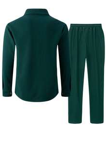 Bộ 2 món áo sơ mi nam màu trơn có cổ và túi + quần, chất liệu polyester nhẹ, thích hợp cho hoạt động thể thao, nghỉ dưỡng, mùa xuân/thu. - Màu xanh lá cây đậm - Xem 4