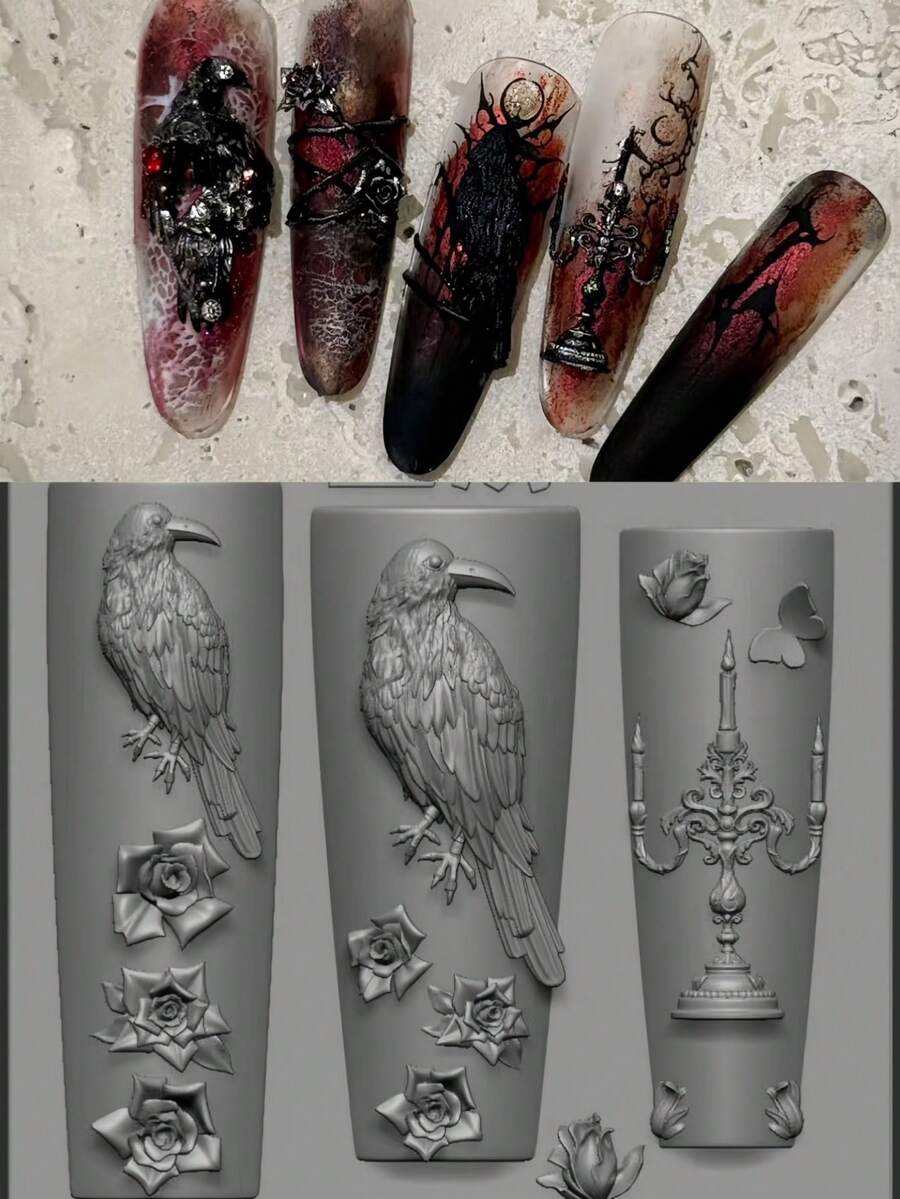 1 件哥特式美甲硅胶模具，乌鸦烛台，玫瑰头骨，荆棘玫瑰，胸腔，脊柱指甲装饰 DIY 透明模具 - 無色 - 查看 1