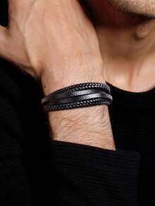 Xiacheng 1/6 件男士编织皮革手链 - 手工牛皮腕带，波西米亚风格合金扣，送给丈夫/男朋友的礼物（黑色） - 黑色 - 查看 2