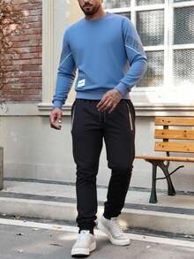 Chándal de hombre: pantalón de color liso y traje de manga larga, rayas,2 conjuntos de trajes deportivos para hombres, ropa de guardia y pantalones para hombres, ropa deportiva recreativa, ropa de otoño - Azul Marino - Ver 4