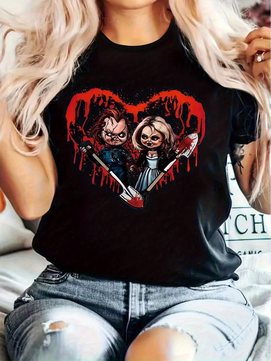 Playera camiseta mujer dama cuello redondo manga corta estampado GRAFICO DE HALLOWEEN MONSTRUOS  GRAPHIC - Negro - Ver 1