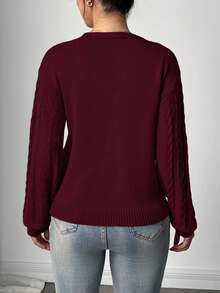 Elegant Solid Color Cable Knit Front Tie Bow Long Sleeve Cardigan Sweater For Women, Autumn/Winter - Burgundy - View 2