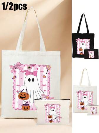 1套帆布单肩手提包，白色组合，帆布手提包和化妆包套装，印有南瓜万圣节图案，女士空白帆布手提包装饰，简约时尚，简洁优雅，旅行收纳包，大容量旅行包：户外美女的完美搭配！这是送给家人和朋友的最佳礼物。这款大包装适合学生、返校学生和老师