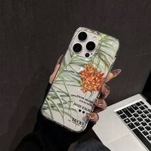 1pc Glitter Bottom Coconut Date Palm Leaf Print Phone Case, Tropical Plant English Pattern Full Coverage Anti-Drop Soft Shell, Suitable For IPhone17/17Pro/17ProMax/16/16Plus/16ProMax/16e/15ProMax/11/12/12Pro/12ProMax/13/13Pro/13ProMax/14/14Pro/14ProMax, Ins Vintage Style Phone Protective Cover - Transparent Fine Shimmer - View 3