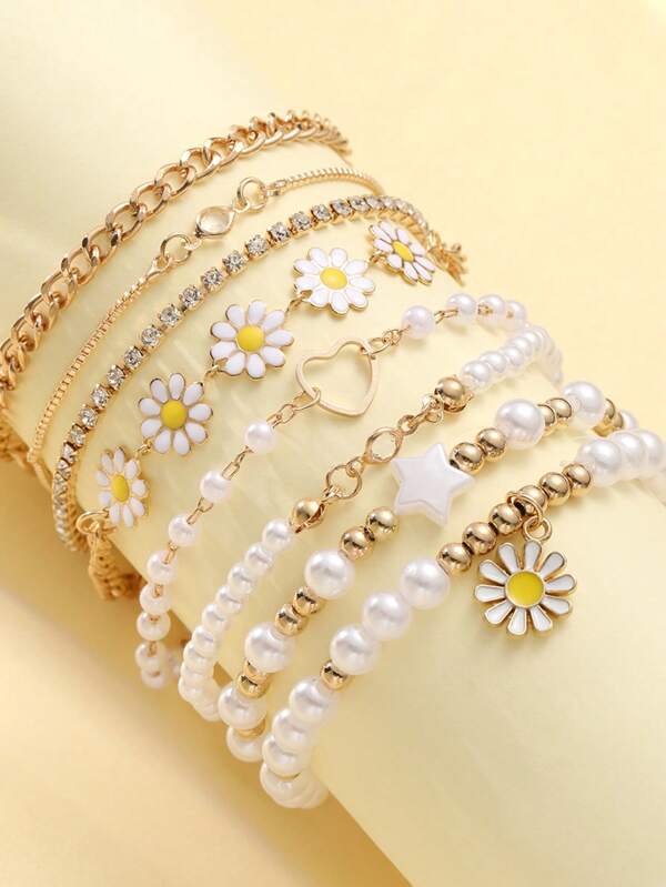 Set de 8 piezas de pulseras bohemias con cuentas y perlas, pulseras con encantos de margaritas creativas para niñas