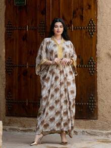 Elegant Long Arabic Style Dress With Gold Tassel Trim, V-Neck Batwing 3/4 Sleeve, Woven Fabric - Khaki - View 8