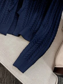 Women's Lace-Up Solid Color Cable Knit Long Sleeve Cardigan, Lightweight & Flowy, Cute Spring/Autumn Sweater - Navy Blue - View 5