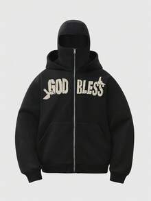 YUNCHIC - Men's Hooded Sweatshirt With Face Mask, Creative Prayer Pattern, Protective Balaclava Design, Autumn/Winter Outdoor Cycling Running Sports Jacket, Side Pockets For Comfort - Black - View 4