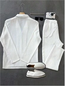 2025 Best  Men's 2 Piece Linen Suit Long Sleeve Button Down Shirt And Pants Sets Walking Suits - 白色 - 查看 2