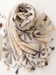 1pc New Bohemian Printed Women Scarf, Lightweight Breathable Tassel Shawl, Elegant Style Women Sun Protection Beach Travel Scarf For Dress - Beige - View 4