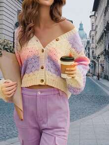 Women's Autumn Sweater Cardigan Long Sleeve V Neck Button Up Contrast Color Knitwear