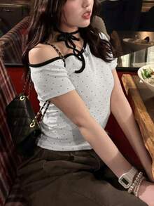 夏季甜美休闲不对称肩带波点短款T恤 白色 - 白色 - 查看 8