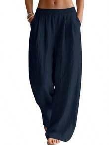 Linen Pants Women Wide Leg Palazzo Summer Flowy Beach Vacation Elastic Waist Travel Trousers With Pockets DSEF - 藏蓝色 - 查看 1
