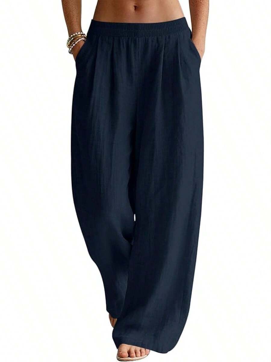 Linen Pants Women Wide Leg Palazzo Summer Flowy Beach Vacation Elastic Waist Travel Trousers With Pockets DSEF - 藏蓝色 - 查看 1