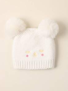 2 pezzi Cappellino neonato/bambino con doppia pallina, occhi chiusi e viso sorridente ricamato, berretto in maglia per neonati, bambini piccoli, inverno caldo cappello in maglia per bimbi e bimbe - Multicolore - Visualizzare 5