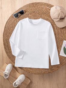 Tween Boy Classic Simple Pocket Decor White Long Sleeve T-Shirt, Suitable For Casual, Holiday, Layering With Various Outerwear
