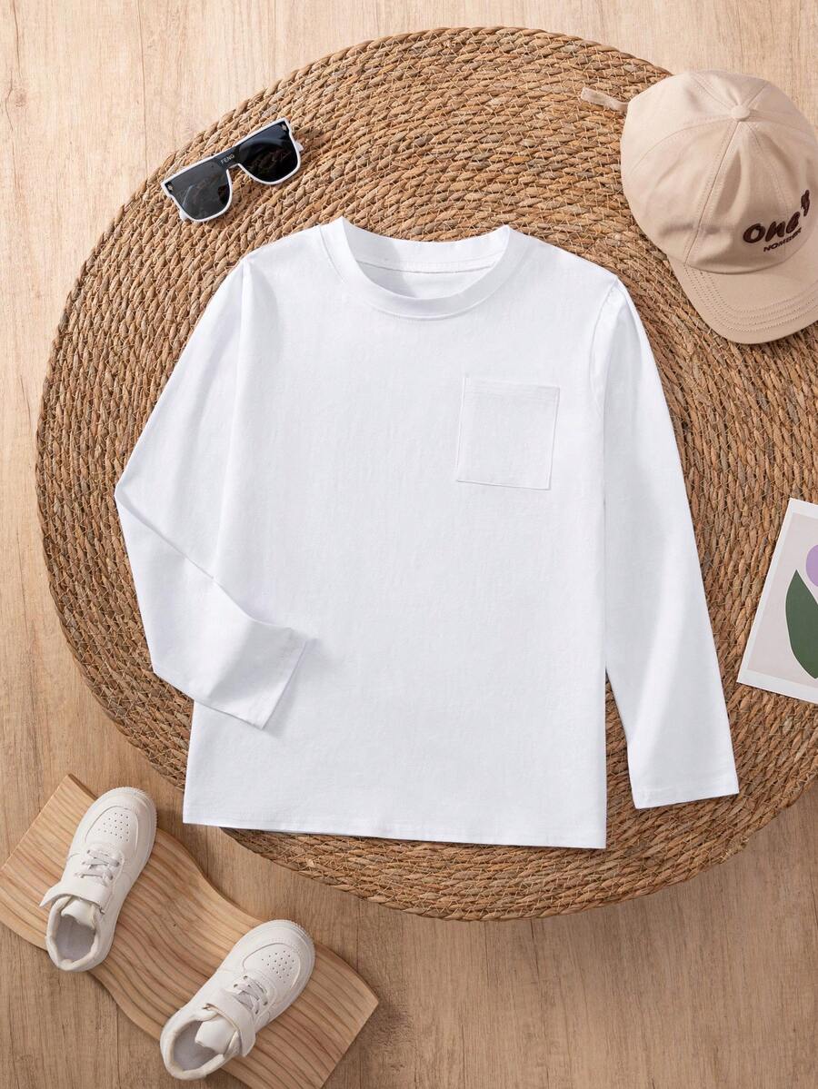 Tween Boy Classic Simple Pocket Decor White Long Sleeve T-Shirt, Suitable For Casual, Holiday, Layering With Various Outerwear