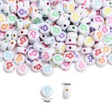 200/600 cuentas acrílicas cuadradas de 6 mm y redondas planas de 7 mm con diseño de cruz, cuentas espaciadoras sueltas para hacer joyas, pulseras y accesorios. - Fondo blanco con caracteres coloridos/círculo plano - Ver 2