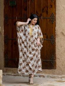 Elegant Long Arabic Style Dress With Gold Tassel Trim, V-Neck Batwing 3/4 Sleeve, Woven Fabric - Khaki - View 5