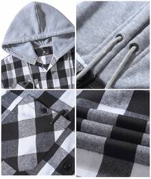 Mens Flannel Hoodie Shirts Long Sleeve Casual Plaid Jackets - White and Black - View 3