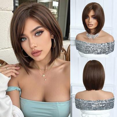 14英寸棕色短款波波头假发，带刘海，优雅可爱，时尚百搭，采用耐热合成材料制成，适合角色扮演、节日庆典、旅行、度假、派对等日常佩戴，也是万圣节的绝佳礼物。