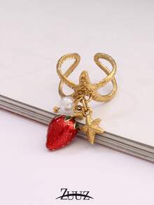 时尚不锈钢海星草莓吊坠戒指，宽开口设计，适合女性日常佩戴和派对佩戴，是馈赠佳品。 - 戒指 - 查看 4