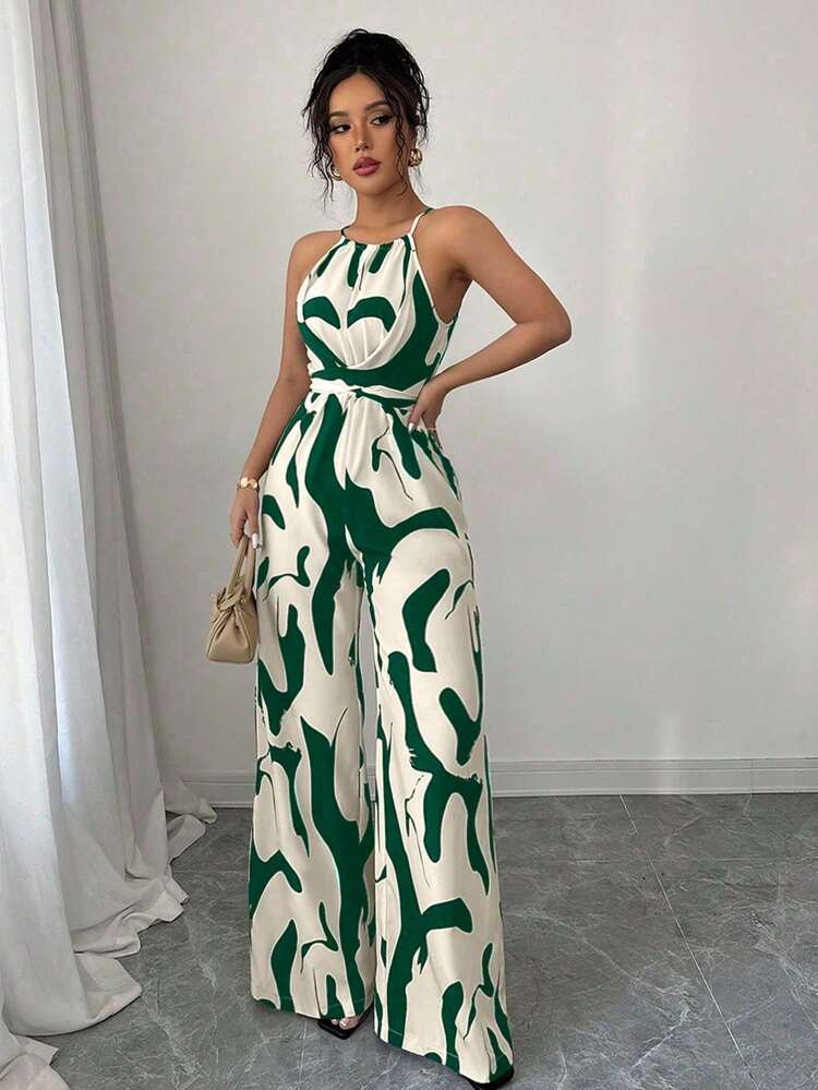 This Stylish Women's Floral Jumpsuit Features A Tie-Waist Design And Is Perfect For Vacations, Dates, And Everyday Wear. - Green - View 4