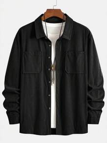 Bestselling Lightweight Corduroy Men's Casual Shirt Jacket, Turndown Collar, Button Front, Long Sleeve, Dual Pockets Design, Suitable For Daily Casual, Fashion Minimalist Outings, Comfortable Home And Street Wear, Spring Thin Long Sleeve Shirt - Black - View 3