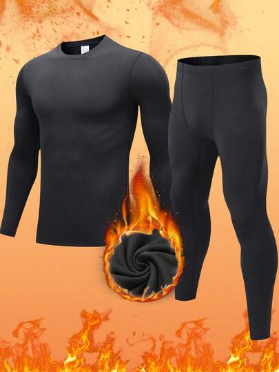 Men's Black Thermal Underwear Set - Fleece Lined For Warmth Locking, Skin-Friendly & Breathable To Avoid Stuffiness, Slim-Fit Without Bulkiness, Suitable For Autumn/Winter Home Leisure, Office Commute Layering, Short Outdoor Trips & Nighttime Sleep, Ideal Christmas Gift