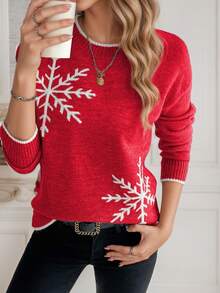 كنزة عيد الميلاد أنيقة وعصرية للنساء مزينة بتصميم متباين من الحواف المحبوكة بنمط رقائق الثلج، مناسبة للارتداء اليومي في فصلي الخريف والشتاء