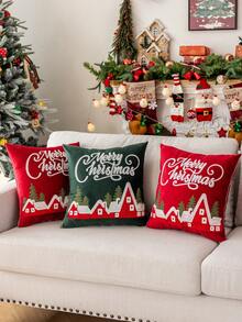 1pc Christmas Snowhouse Embroidered Plush Velvet Cushion Cover, Soft & Comfortable Christmas Decorative Pillow Sham, Fits Multiple Room Styles, Pillow Insert Not Included Home Decor Christmas Decorations Room Decor Christmas Decorations Home
