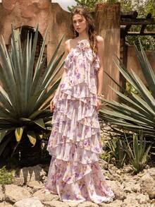 Faeriesty BohoBloom 女士露背长裙：露背设计，配有可调节系带，饰有 3D 立体花朵贴花和层叠荷叶边裙摆。适合休闲外出、海滩度假、周末短途旅行和花园派对。夏日粉色，优雅迷人。 - 粉色 - 查看 10