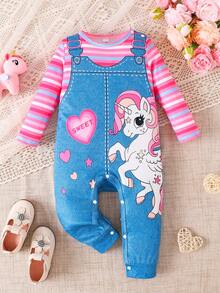 Baby Girl Heart, Rainbow & Unicorn Print Long Sleeve Striped Jumpsuit, Spring/Autumn