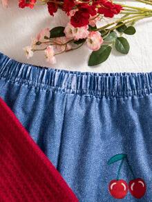 2pcs Girls Casual Outfits, Solid Color Embroidered Cherry Pattern Round Neck Long Sleeve Top And Long Pants Set, Spring/Autumn - Red - View 7