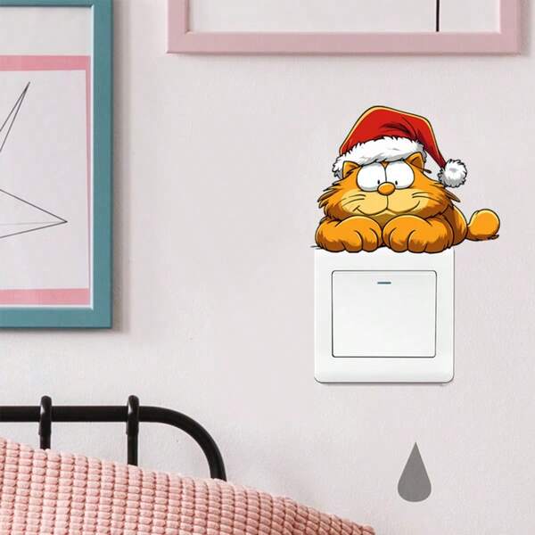 4pcs Cute Cartoon Orange Cat Wearing Santa Hat Wall Switch Stickers, Adorable Santa Claus Vine Wall Switch Decals, For Wall, Lighting Switch Decoration Self-Adhesive Stickers