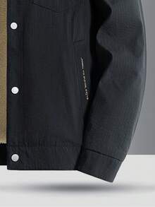 Jachetă căptușită termic pentru adolescenți, toamnă/iarnă, culoare uni minimalistă la modă, cu buzunar frontal, buzunare laterale clasice, accent imprimat cu litere, haină versatilă pentru exterior, casual, cu guler răsturnat - Negru - Vizualizare 5