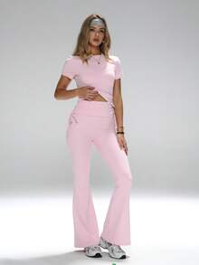 Áo cổ tròn cổ điển, thiết kế tôn eo, dáng ống loe, bộ đồ phối hợp đa năng, cạp cao có dây rút bên trong, #Phong cách thường ngày #Thoải mái cả ngày #Phong cách cổ điển, bộ đồ tập luyện cơ bản, trang phục yoga định hình vòng bụng, quần cạp hai lớp, bộ quần legging ống loe, áo thun cổ tròn ôm sát và quần yoga ống loe, bộ 2 món thiết yếu cho nữ màu hồng mùa hè - Hồng - Xem 5