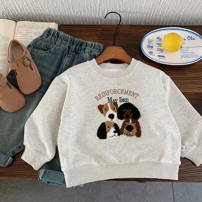 2-5Y Young Boy Korean Style Dog Embroidery Crew Neck Cartoon Pullover Sweatshirt, Casual Autumn Tops