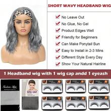 QY Grey Headband Wig Short Wavy Headband Wigs For  Natural Curly Wigs With Headband Shoulder Length Wigs Grey Color 14 Inch Glueless Wigs For Daily Wear 6805
