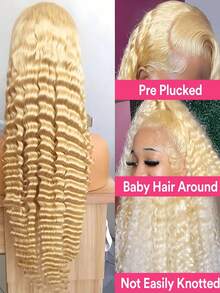 613 180 Density Kinky Curly Human Hair Wig With Baby Hair 13x4 HD Transparent Deep Wave Lace Front Wigs Human Hair Pre Plucked Bleached Knots Brazilian Virgin Blonde Glueless Wigs For Women 38inch - 金色 - 查看 4